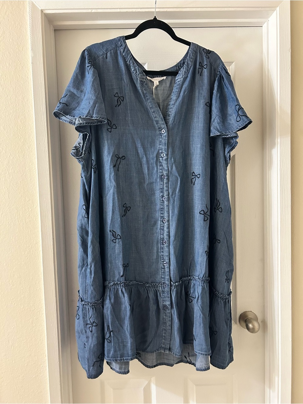 Jane and Delancey Light Blue Embroidered Bow Chambray Dress